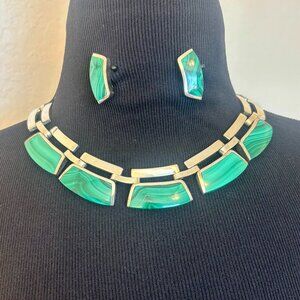 Vintage Silver + Malachite necklace + earring set Taxco 950 silver STUNNING